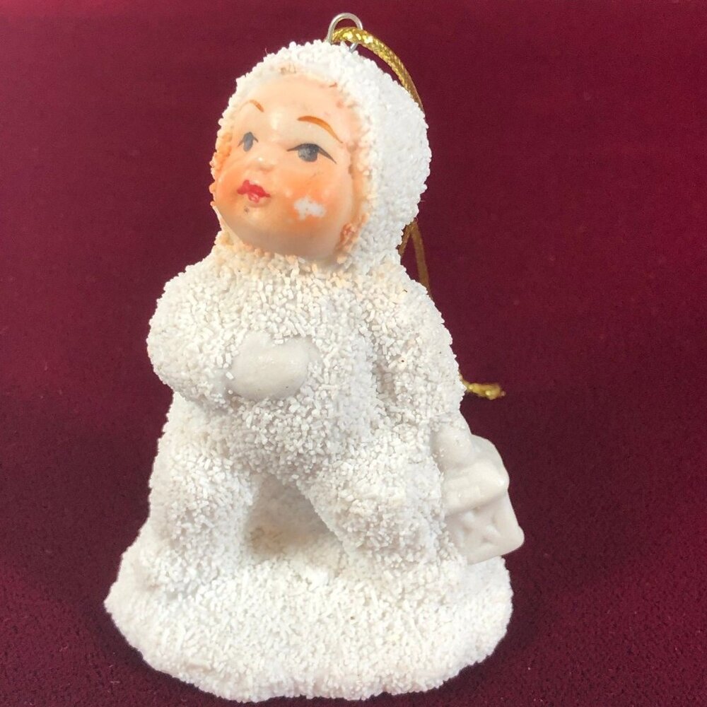 Vintage Christmas Ornament Snowbaby Snow Scene Covered Feet Lantern Figurine